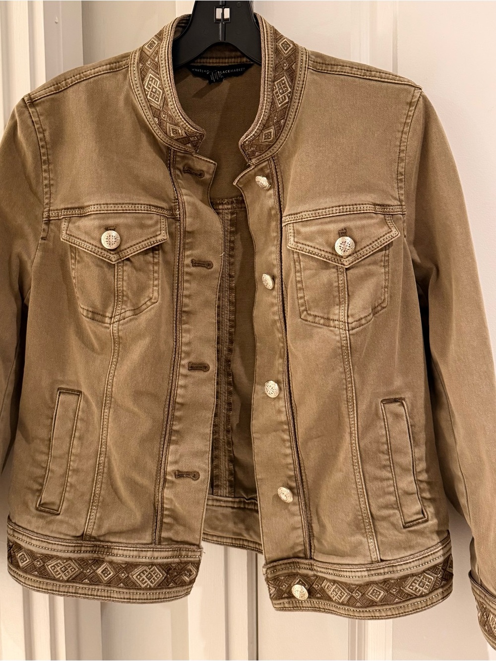 White House Black Market Tan Embroidered-Trim Jean Jacket